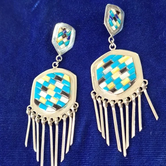 Native American Multi Stone Cobblestone On Sterling Silver Dangle Earrings - Picture 4 of 11